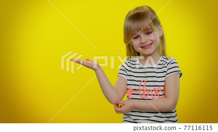 Place for your advertisement logo, little kid child girl showing thumbs up and pointing at left Place for your advertisement logo, little kid child girl showing thumbs up and pointing at left 77116115