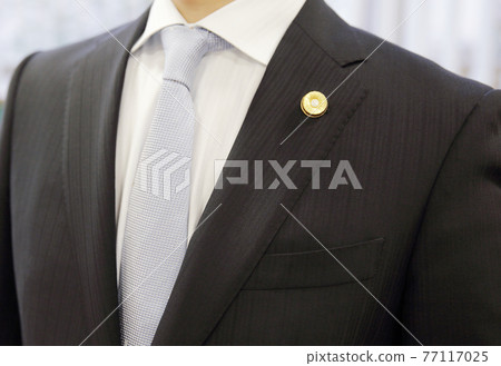 Male upper body in a suit with a lawyer badge 77117025