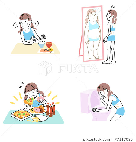 一位患有飲食失調症的年輕女性的 4 件套插圖，只需輕輕一按 77117086
