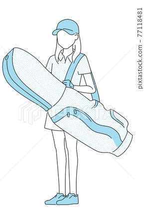 Illustration of a woman holding a golf bag. A young woman in golf wear holding a large caddy bag. 77118481