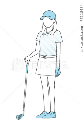 一個女人穿著高爾夫球服的插圖。一名年輕女子站在高爾夫球桿旁。 77118484