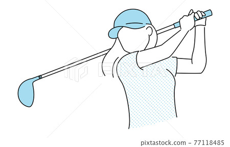 Illustration of sports golf. A young woman swinging at a golf club. 77118485