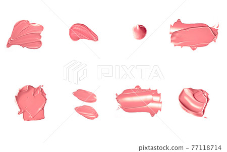 Coral beauty cosmetic texture isolated on white background, smudged makeup emulsion cream smear or foundation smudge, crushed cosmetics product and paint strokes 77118714