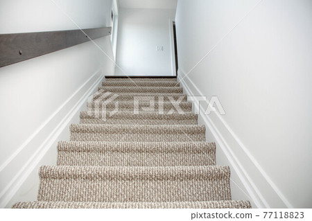 Top view of Staircase in the modern house with brown carpet, walk through ground floor 77118823