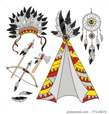POCAHONTAS WORLD American Native Indians Life Attributes Wigwam, Tomahawk, Bow And Arrow, Feather Headdress Cartoon Clip Art Vector Illustration Set For Print POCAHONTAS WORLD American Native Indians Life Attributes Wigwam, Tomahawk, Bow And Arrow, Feather Headdress Cartoon Clip Art Vector Illustration Set For Print 77119678