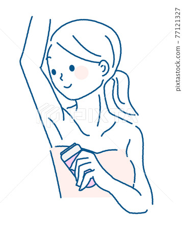 Illustration of a woman doing armpit treatment with a self-hair remover 77121327