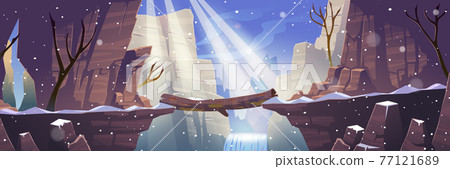 Log bridge at winter mountains above rock cliff 77121689