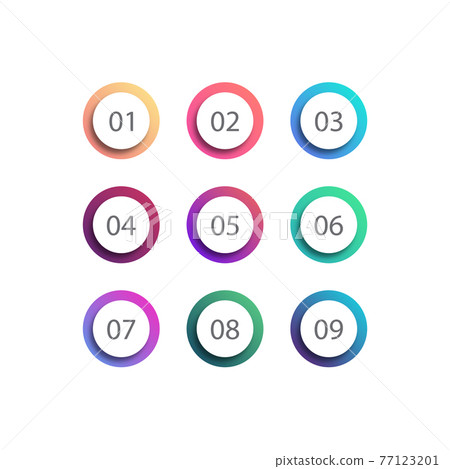 Circle bullet point set on white background. Colorful gradient markers with number from 1 to 9 for your design. vector illustration 77123201