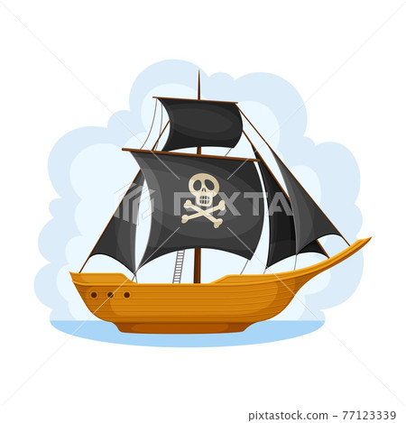 Pirate Ship with Sails and Crossed Bones Navigating Upon Water Vector Illustration 77123339