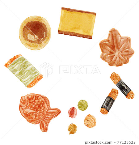 Japanese sweets baked sweets hand-painted watercolor style illustrations 77123522