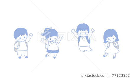 Hand-painted cold-colored illustrations of four cute elementary school students carrying school bags Hand-painted cold-colored illustrations of four cute elementary school students carrying school bags 77123592