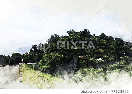 Abstract colorful shape on tree and field landscape in Thailand on watercolor illustration painting background. 77123831