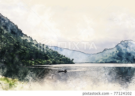 Abstract colorful shape on tree and field landscape in Thailand on watercolor illustration painting background. Abstract colorful shape on tree and field landscape in Thailand on watercolor illustration painting background. 77124102