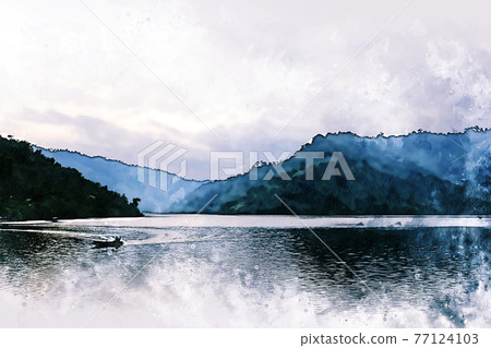 Abstract colorful shape on tree and field landscape in Thailand on watercolor illustration painting background. Abstract colorful shape on tree and field landscape in Thailand on watercolor illustration painting background. 77124103