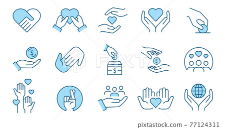 Charity line icon set. Collection of donate, philanthropist, hope and more. Editable stroke. 77124311