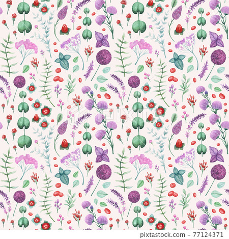 Watercolor Garden Flowers and Herbs Seamless Pattern 77124371