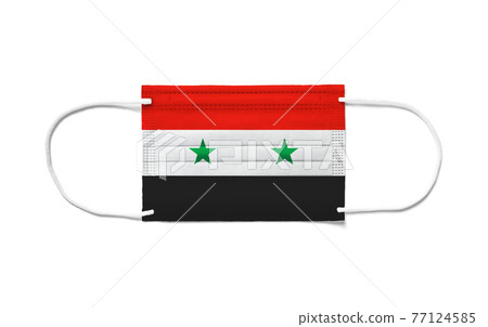 Flag of Syria on a disposable surgical mask. White background Flag of Syria on a disposable surgical mask. White background 77124585