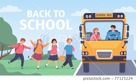 Kids ride to school. Group of elementary students board bus with driver. Cartoon preschool children road trip back to school vector concept 77125224