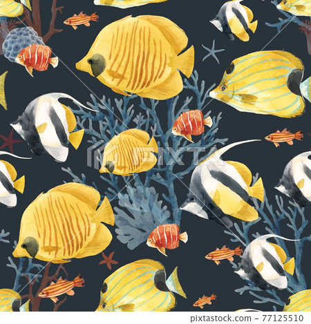 Beautiful vector seamless underwater pattern with cute watercolor colorful fish. Stock illustration. 77125510