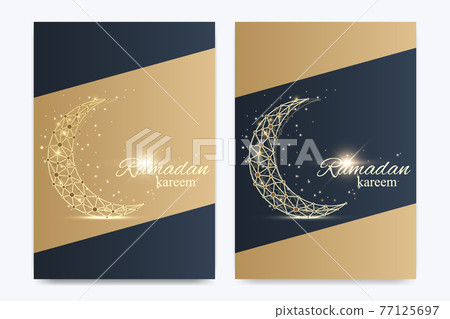 Vector template for brochure, Leaflet, flyer, advert, cover, catalog, poster, magazine or annual report. Ramadan Kareem background. Golden moon. Eid Mubarak celebration. Vector illustration. 77125697