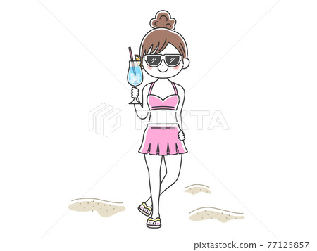 一個穿著泳裝的女人拿著雞尾酒的插圖 一個穿著泳裝的女人拿著雞尾酒的插圖 77125857