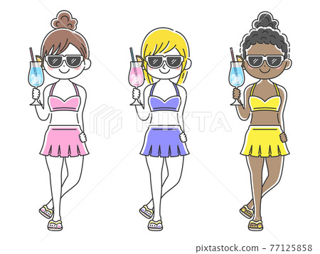 一個穿泳裝的女人喝雞尾酒的插圖集 77125858