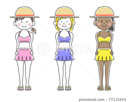 一個穿泳裝、戴著草帽的女人的插圖集 一個穿泳裝、戴著草帽的女人的插圖集 77125859
