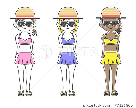 一個穿泳裝、戴著草帽的女人的插圖集 一個穿泳裝、戴著草帽的女人的插圖集 77125860