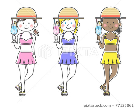 一個穿泳裝的女人喝雞尾酒的插圖集 一個穿泳裝的女人喝雞尾酒的插圖集 77125861