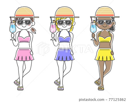 一個穿泳裝的女人喝雞尾酒的插圖集 一個穿泳裝的女人喝雞尾酒的插圖集 77125862