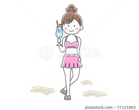 一個穿著泳裝的女人拿著雞尾酒的插圖 77125863