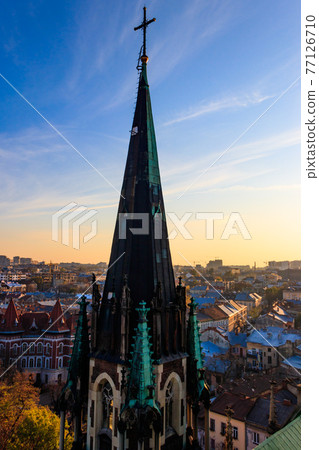 View of Lviv city from bell tower of Church of Sts. Olha and Elizabeth. Lvov cityscape, Ukraine 77126710