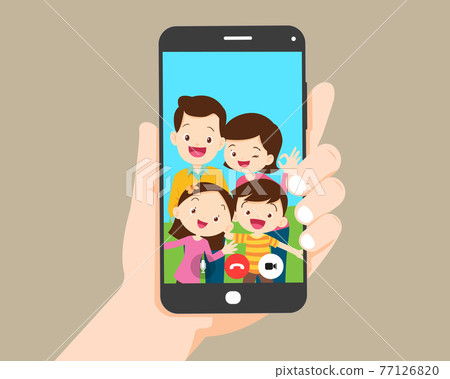 hand hold smartphone video call with family 77126820