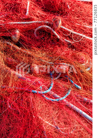 Red fishing nets with floats and ropes. Close-up shot, perfect image for fishing, aquaculture and environmental protection. 77126835