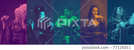 Portraits of group of medieval people on retro-styled background in duotone style, collage. 77126851