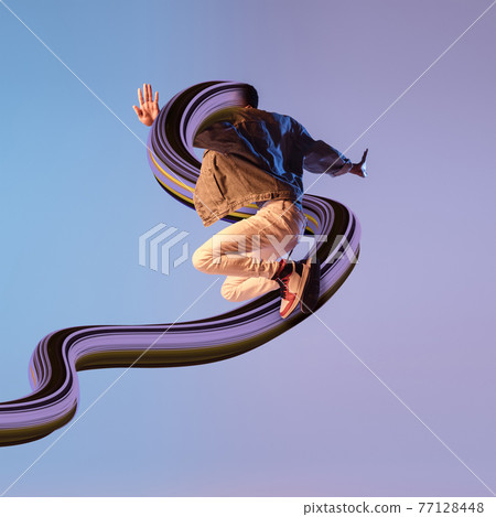 Stylish man with long fluid flood on gradient background. Negative space to insert your text. Modern design. Contemporary colorful and conceptual bright art collage. 77128448