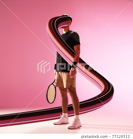 Fit tennis player with long fluid flood on gradient background. Negative space to insert your text. Modern design. Contemporary colorful and conceptual bright art collage. 77128512