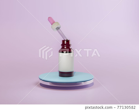 Amber bottle with pipette with essential oils. Lavender studio floating podium. 3d trendy minimal 77130582
