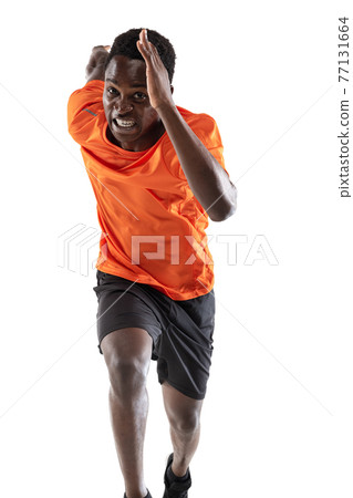 Close-up young African-American man, athlete isolated over white background. 77131664