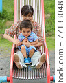 A 3-year-old boy playing with his grandma on a park slide 77133048