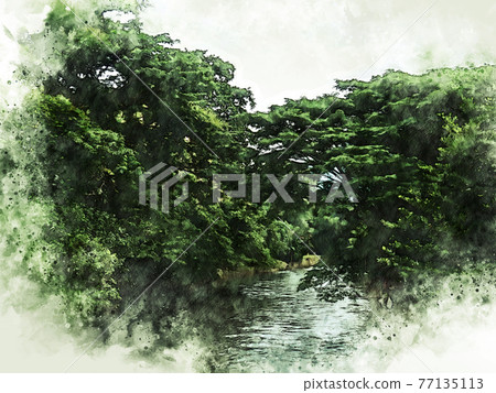 bstract colorful shape on mountain peak and tree landscape on watercolor illustration painting background. bstract colorful shape on mountain peak and tree landscape on watercolor illustration painting background. 77135113