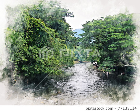 bstract colorful shape on mountain peak and tree landscape on watercolor illustration painting background. bstract colorful shape on mountain peak and tree landscape on watercolor illustration painting background. 77135114