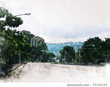 bstract colorful shape on mountain peak and tree landscape on watercolor illustration painting background. bstract colorful shape on mountain peak and tree landscape on watercolor illustration painting background. 77135115
