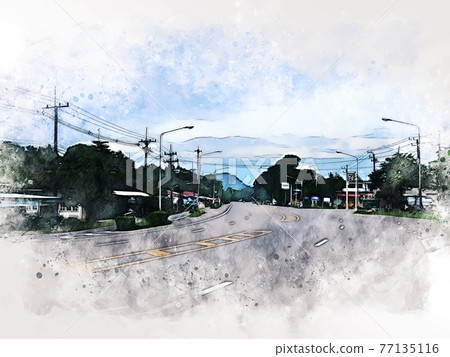 bstract colorful shape on mountain peak and tree landscape on watercolor illustration painting background. 77135116