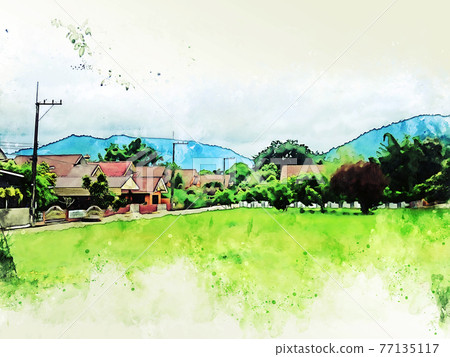 bstract colorful shape on mountain peak and tree landscape on watercolor illustration painting background. bstract colorful shape on mountain peak and tree landscape on watercolor illustration painting background. 77135117