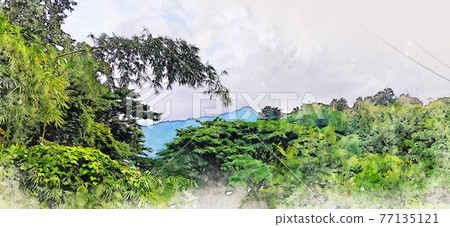 bstract colorful shape on mountain peak and tree landscape on watercolor illustration painting background. bstract colorful shape on mountain peak and tree landscape on watercolor illustration painting background. 77135121
