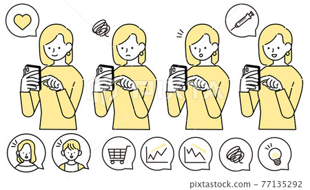 一位穿著便衣的女性在智能手機上購物或預訂疫苗的插圖 77135292