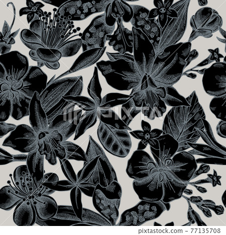 Seamless pattern with hand drawn stylized laelia, feijoa flowers, glory bush, papilio torquatus 77135708