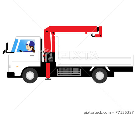 Female driver driving a truck with a crane (Unic car) Female driver driving a truck with a crane (Unic car) 77136357