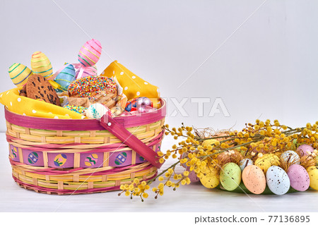 Christian easter tradition concept. Willow and mimosa with coloured eggs. 77136895